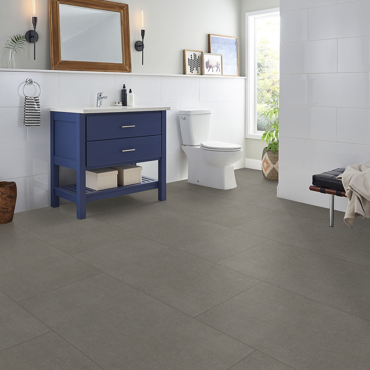 Dimensions Gris porcelain tile installed in a bathroom setting, scene 4