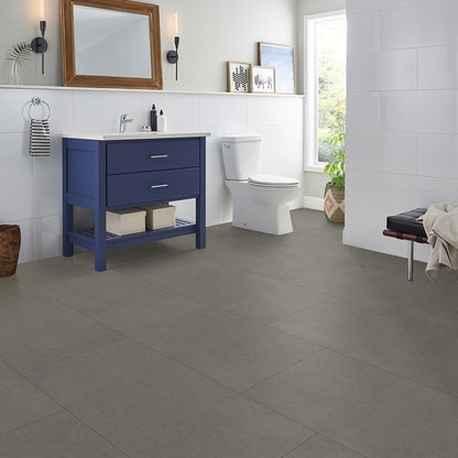 Dimensions Gris porcelain tile installed in a bathroom setting, scene 4