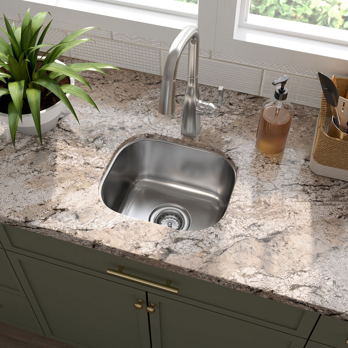 Drawn 15" x 13" Stainless Steel Undermount Bar Sink in Stainless Steel, installed in a room setting