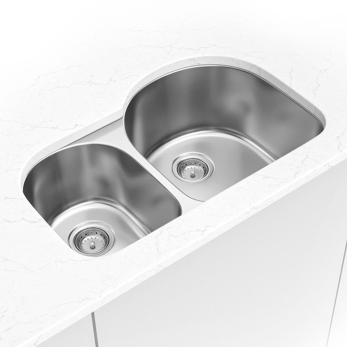 Drawn 31" x 20" 40/60 Stainless Steel Undermount Double Basin Kitchen Sink in Stainless Steel, installed close up