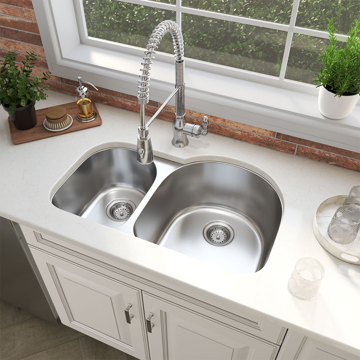 Drawn 31" x 20" 40/60 Stainless Steel Undermount Double Basin Kitchen Sink in Stainless Steel, installed in a room setting