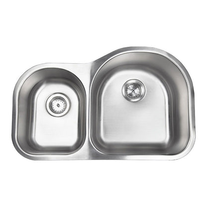 Drawn 31" x 20" 40/60 Stainless Steel Undermount Double Basin Kitchen Sink, Stainless Steel, top view on white