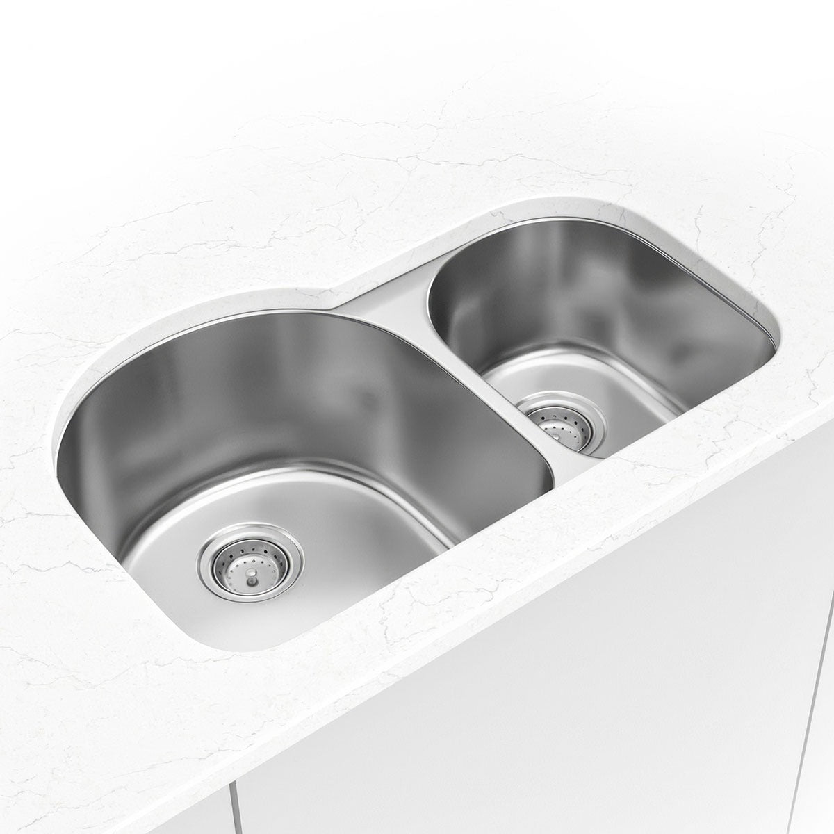 Drawn 31" x 20" 60/40 Stainless Steel Undermount Double Basin Kitchen Sink in Stainless Steel, installed close up