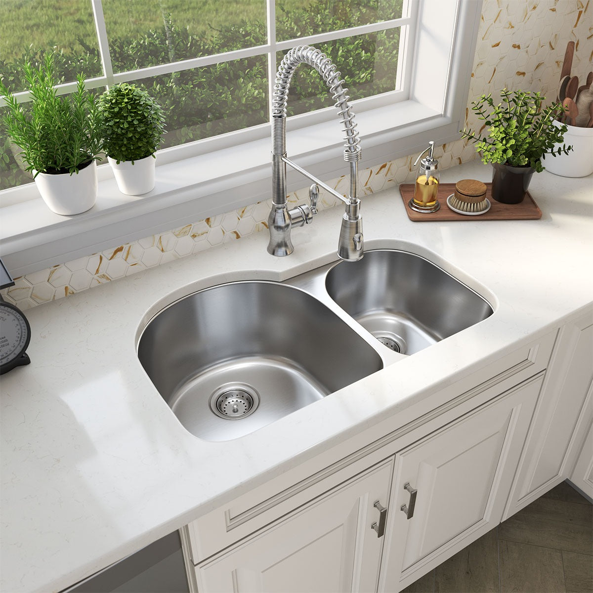 Drawn 31" x 20" 60/40 Stainless Steel Undermount Double Basin Kitchen Sink in Stainless Steel, installed in a room setting