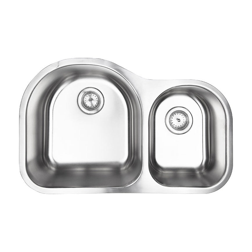 Drawn 31" x 20" 60/40 Stainless Steel Undermount Double Basin Kitchen Sink, Stainless Steel, top view on white