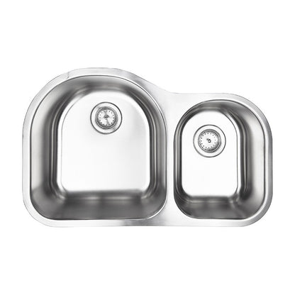 Drawn 31" x 20" 60/40 Stainless Steel Undermount Double Basin Kitchen Sink, Stainless Steel, top view on white