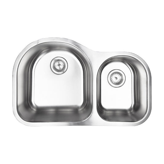 Drawn 31" x 20" 60/40 Stainless Steel Undermount Double Basin Kitchen Sink, Stainless Steel, top view on white