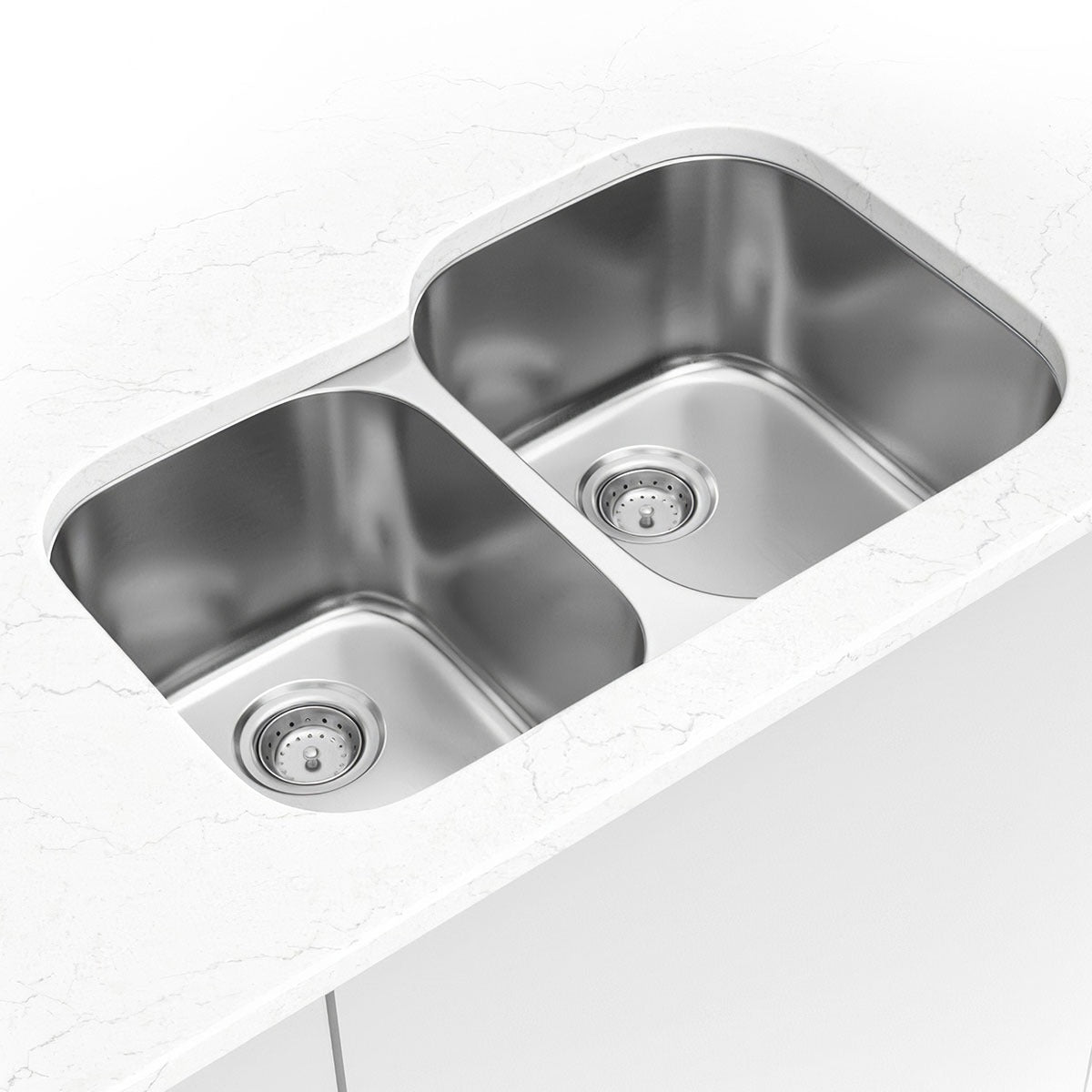 Drawn 32" x 21" 40/60 Stainless Steel Undermount Double Basin Kitchen Sink in Stainless Steel, installed close up
