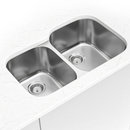 Drawn 32" x 21" 40/60 Stainless Steel Undermount Double Basin Kitchen Sink in Stainless Steel, installed close up