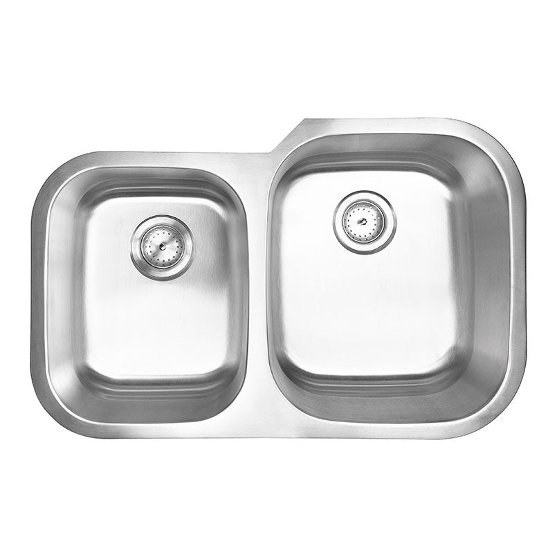 Drawn 32" x 21" 40/60 Stainless Steel Undermount Double Basin Kitchen Sink, Stainless Steel, top view on white