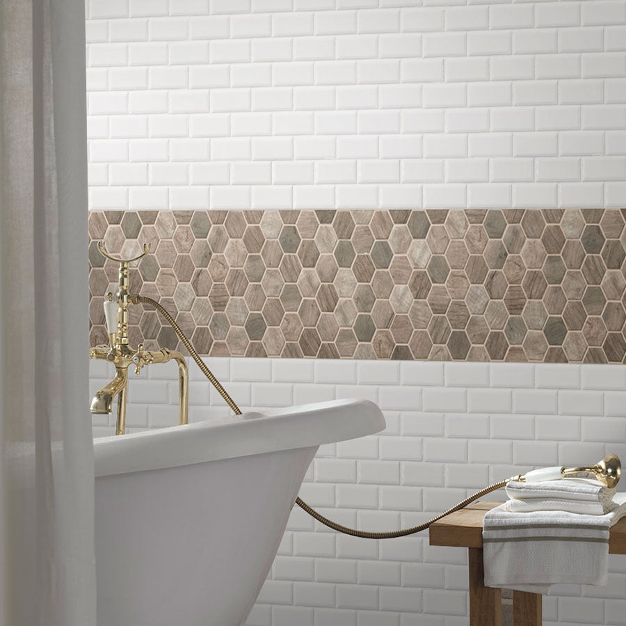 Driftwood Hexagon Recycled Glass Mosaic installed in a finished room