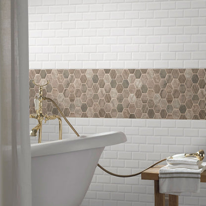 Driftwood Hexagon Recycled Glass Mosaic installed in a finished room
