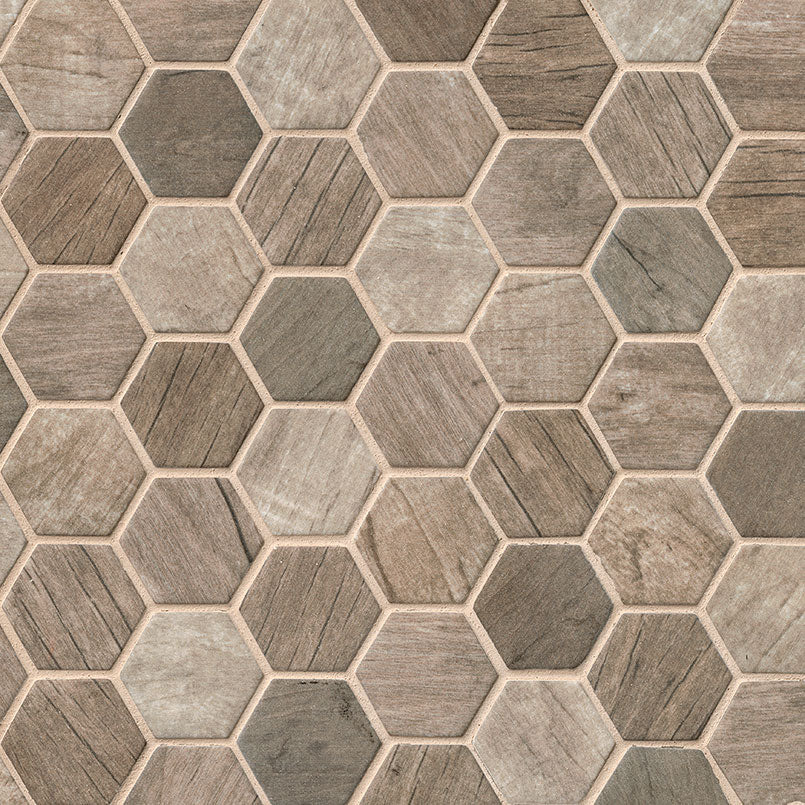 Driftwood Hexagon Recycled Glass Mosaic in matte finish, close up sheet view