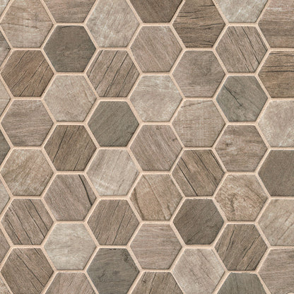 Driftwood Hexagon Recycled Glass Mosaic in matte finish, close up sheet view