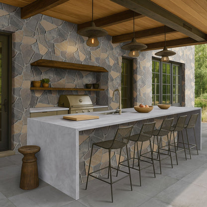 Durham Fall Fieldstone Rockmount Stone Veneer Decorative Wall Panels shown installed in a finished outdoor or living space