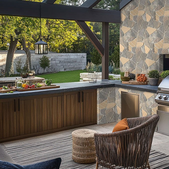 Durham Fall Fieldstone Rockmount Stone Veneer Decorative Wall Panels shown installed in a finished outdoor or living space