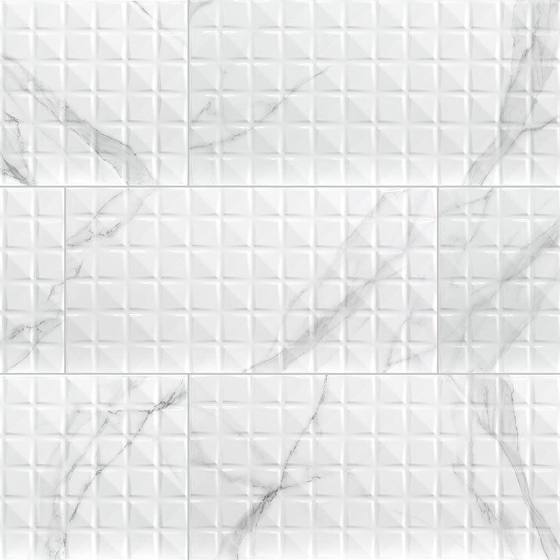 Dymo Statuary Chex White 12x24 Ceramic Mosaic in glossy finish, close up piece view
