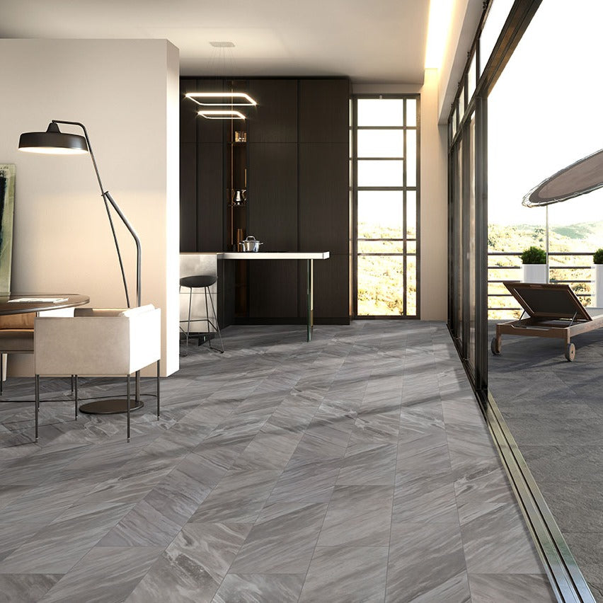 Eden Bardiglio porcelain tile shown in a finished room, scene 2