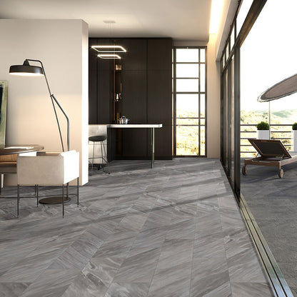 Eden Bardiglio porcelain tile shown in a finished room, scene 2