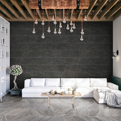 Eden Bardiglio porcelain tile shown in a finished room, scene 3