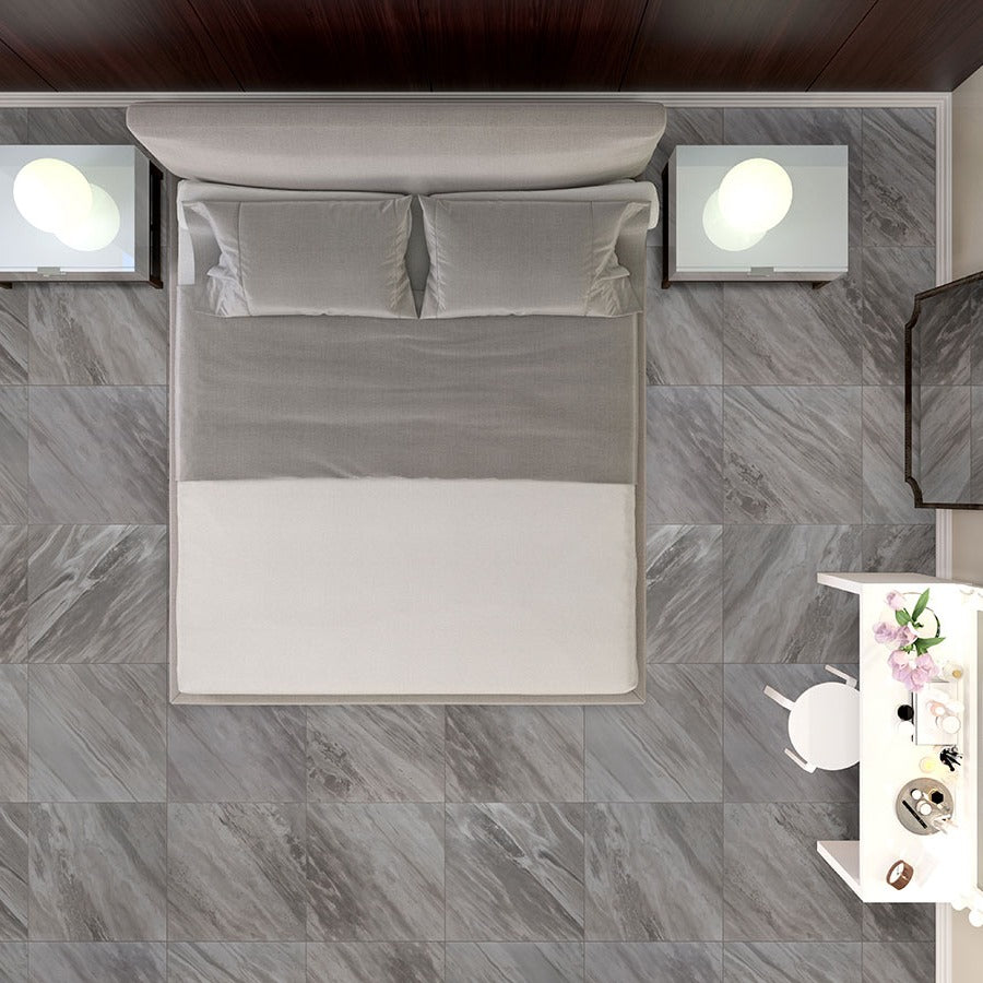 Eden Bardiglio porcelain tile shown in a finished room, scene 4