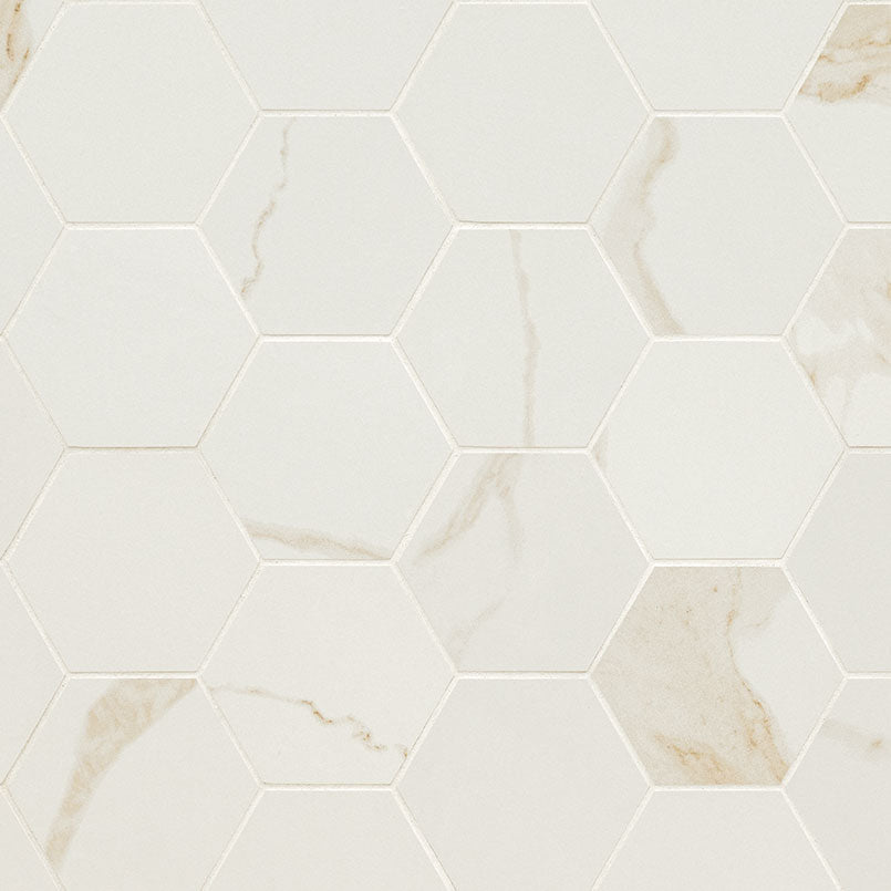 Eden Calacatta 3x3 Hexagon Porcelain Mosaic in matte finish, close up sheet view