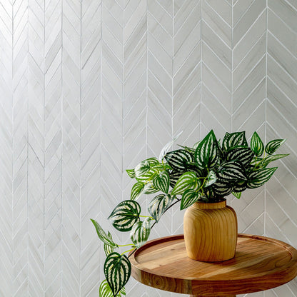 Eden Dolomite 12x15 Chevron Porcelain Mosaic installed in a finished room