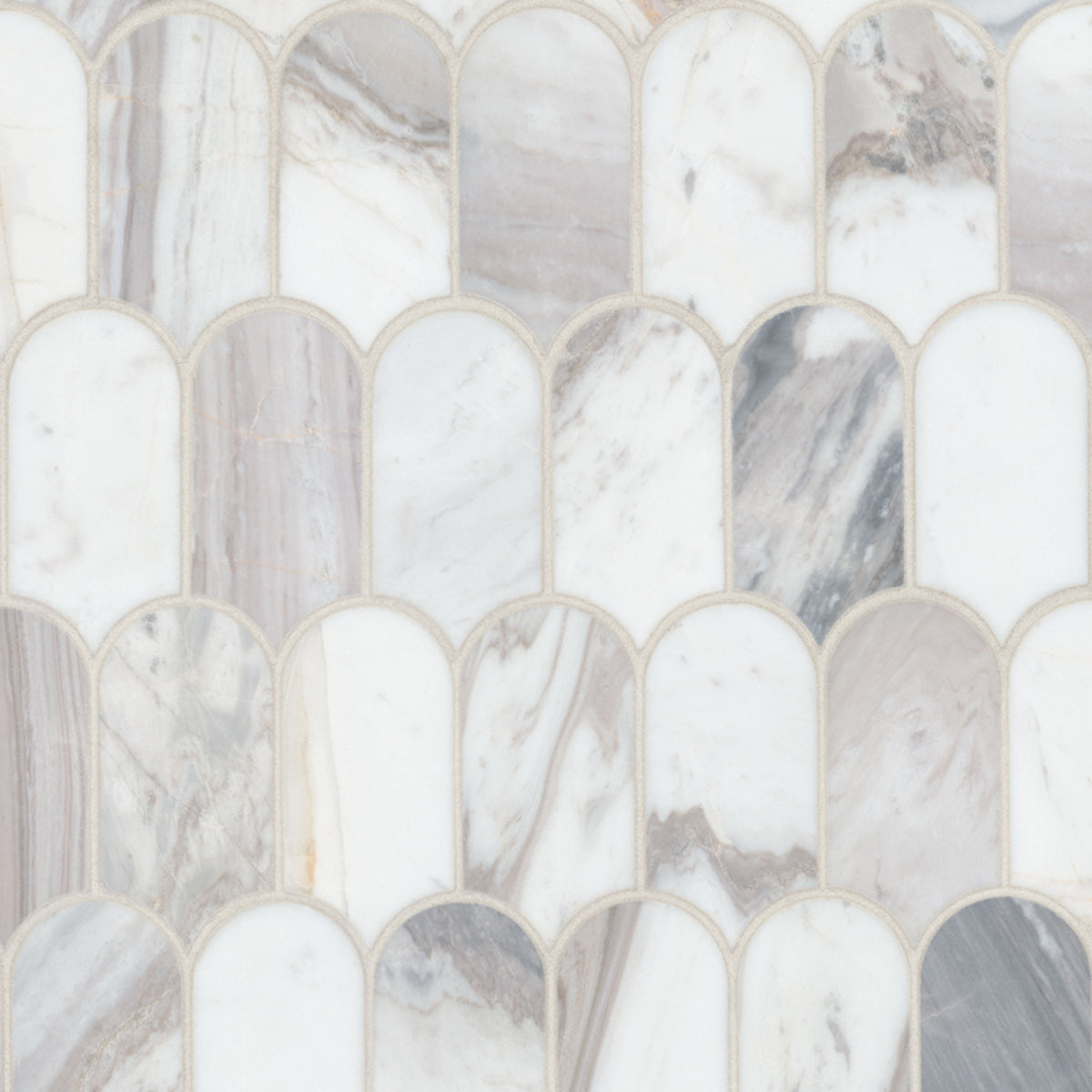 Edessa Scallop Marble Mosaic in polished finish, close up sheet view