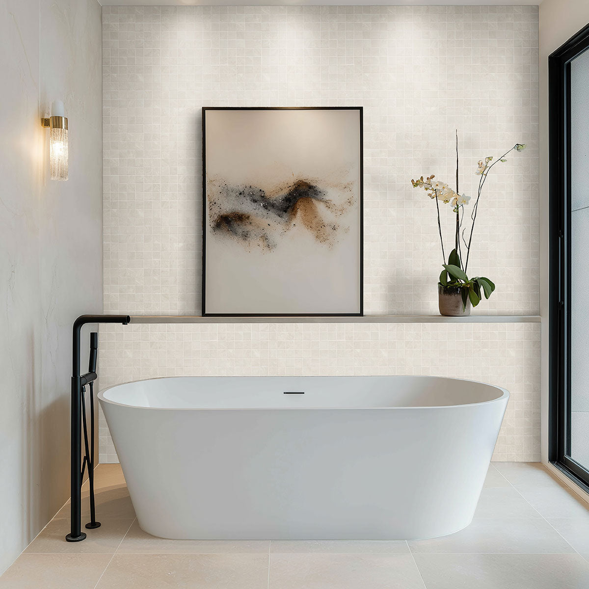 Elbe Alabaster porcelain tile installed in a bathroom setting, scene 2