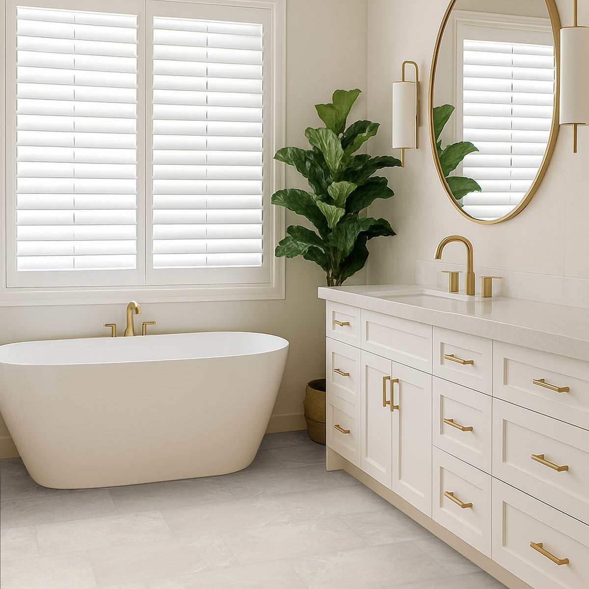 Elbe Alabaster porcelain tile installed in a bathroom setting, scene 3