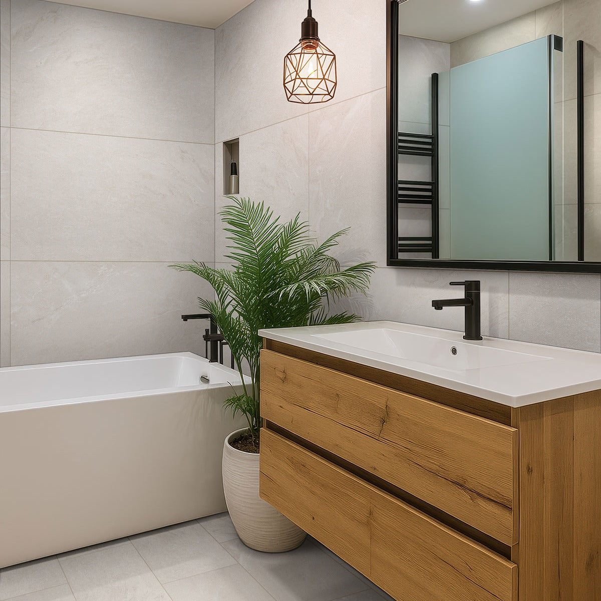 Elbe Alabaster porcelain tile installed in a bathroom setting, scene 4