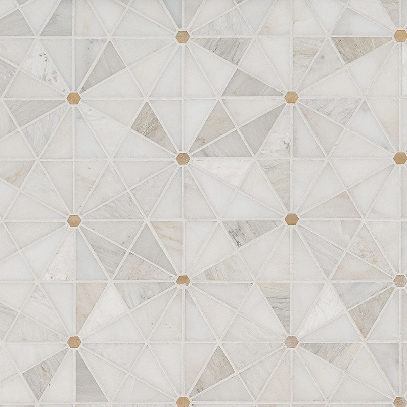 Elegante Pinwheel Gold Stone and Metal Mosaic in mixed finish, close up sheet view