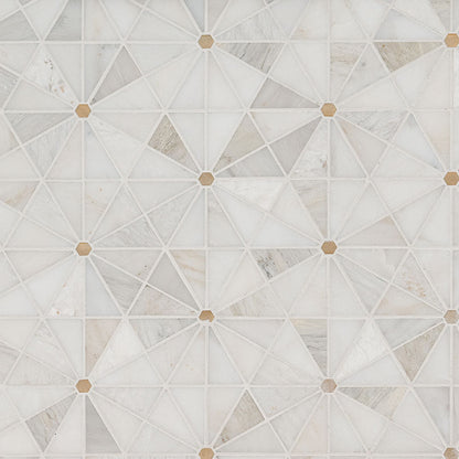 Elegante Pinwheel Gold Stone and Metal Mosaic in mixed finish, close up sheet view