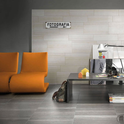 Eramosa White porcelain tile shown in a finished room