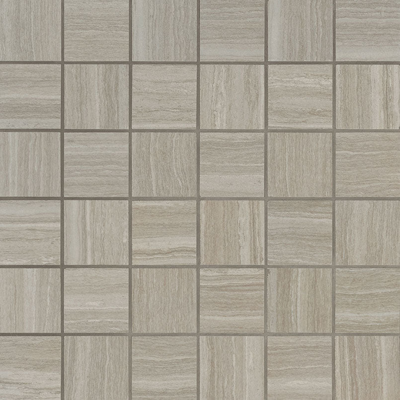 Essentials Charisma Silver 2x2 Ceramic Mosaic in matte finish, close up sheet view