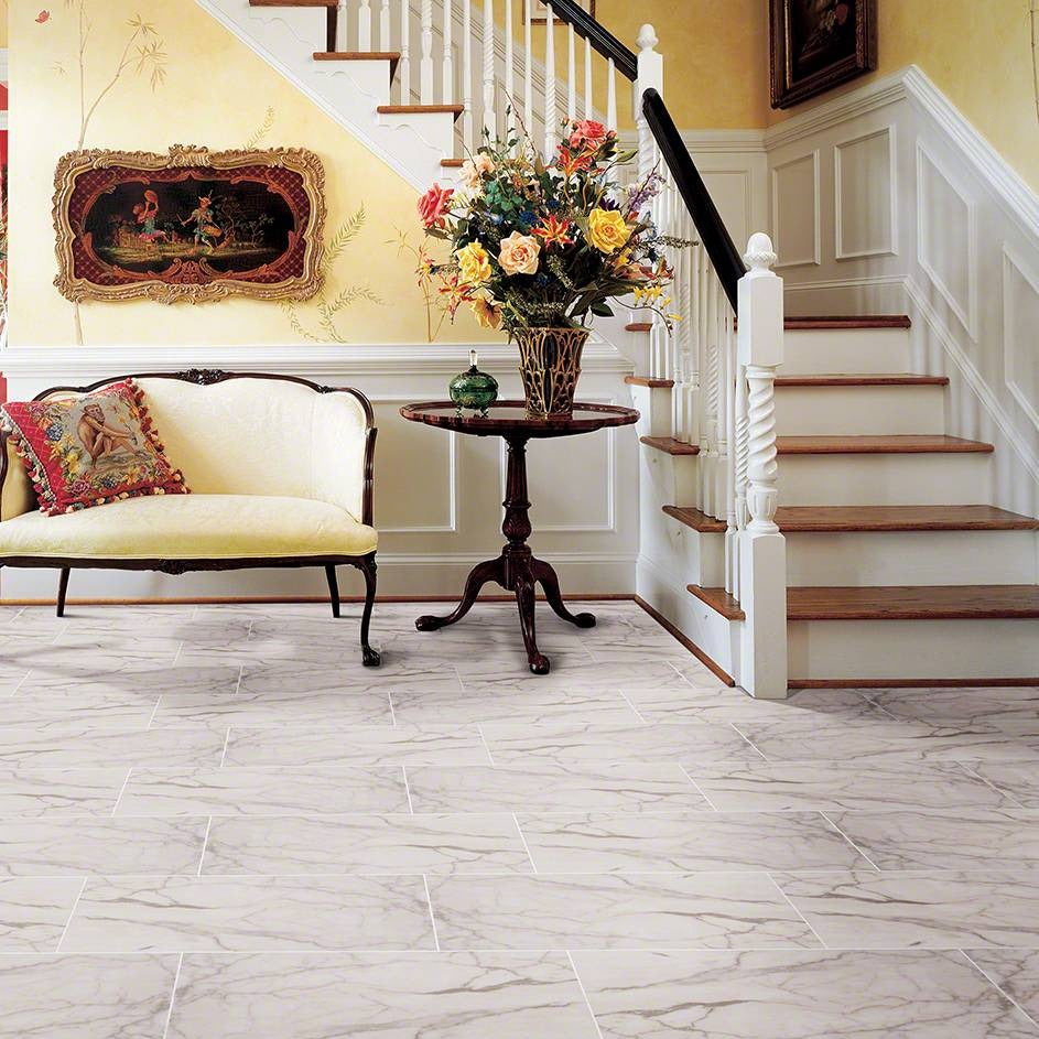 Essentials White Vena ceramic tile shown in a finished room