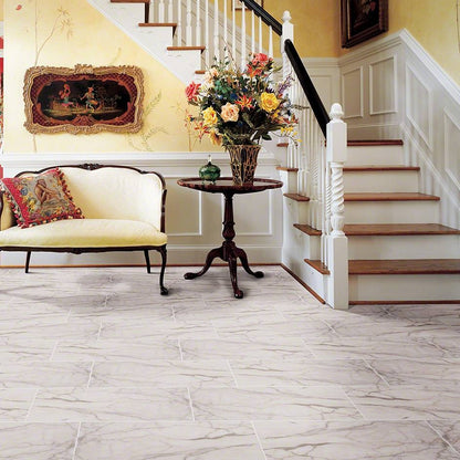 Essentials White Vena ceramic tile shown in a finished room