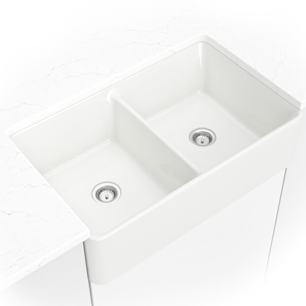Fireclay 32" x 20" 50/50 Apron / Farmhouse Double Basin Kitchen Sink in White, installed close up