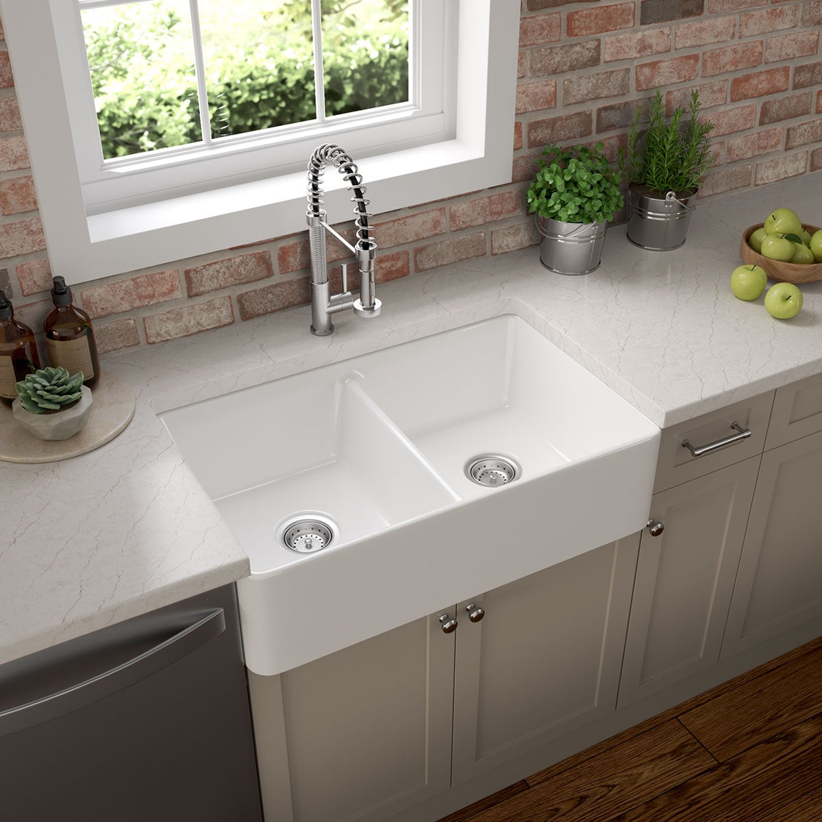 Fireclay 32" x 20" 50/50 Apron / Farmhouse Double Basin Kitchen Sink in White, installed in a room setting