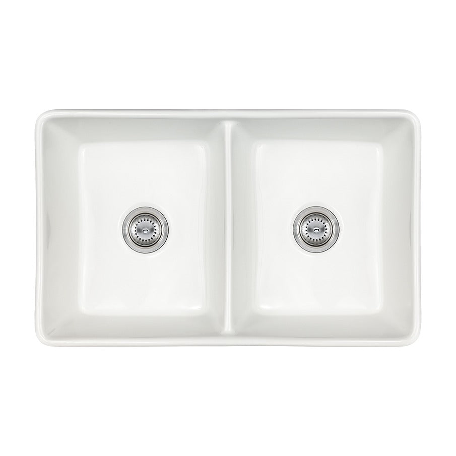 Fireclay 32" x 20" 50/50 Apron / Farmhouse Double Basin Kitchen Sink, White, top view on white