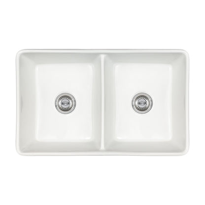 Fireclay 32" x 20" 50/50 Apron / Farmhouse Double Basin Kitchen Sink, White, top view on white