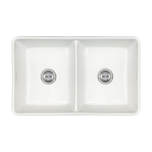 Fireclay 32" x 20" 50/50 Apron / Farmhouse Double Basin Kitchen Sink, White, top view on white