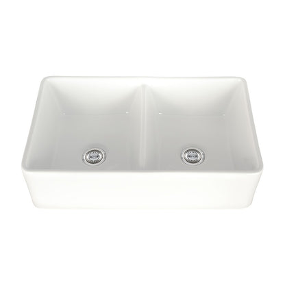 Fireclay 32" x 20" 50/50 Apron / Farmhouse Double Basin Kitchen Sink, front view