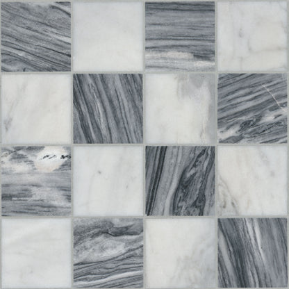 Firenze Blend 3x3 Marble Mosaic in polished finish, close up sheet view
