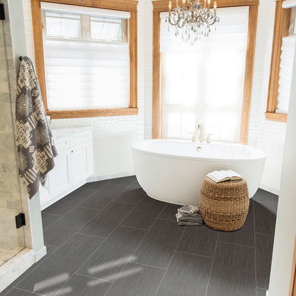 Focus Graphite porcelain tile shown in a finished room, scene 3