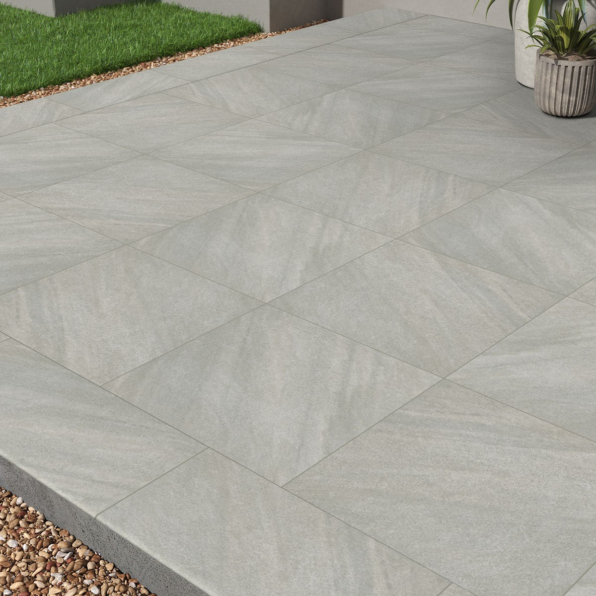 Fossil Snow Arterra Porcelain Pavers shown installed in a finished outdoor or living space