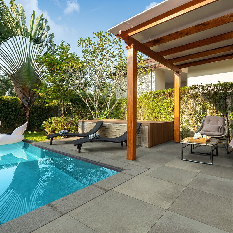 Full Range Bluestone Arterra Porcelain Pavers shown installed in a finished outdoor or living space