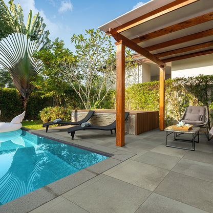 Full Range Bluestone Arterra Porcelain Pavers shown installed in a finished outdoor or living space