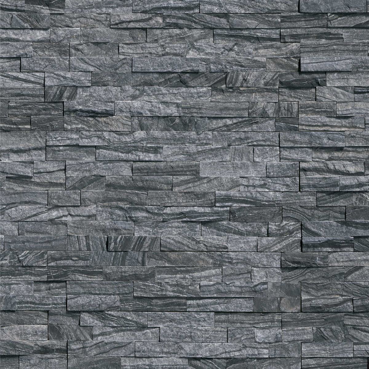 Glacial Black stacked stone wall panels, close up product view showing color and texture