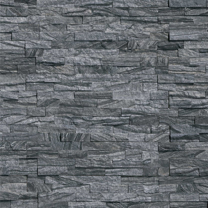 Glacial Black stacked stone wall panels, close up product view showing color and texture